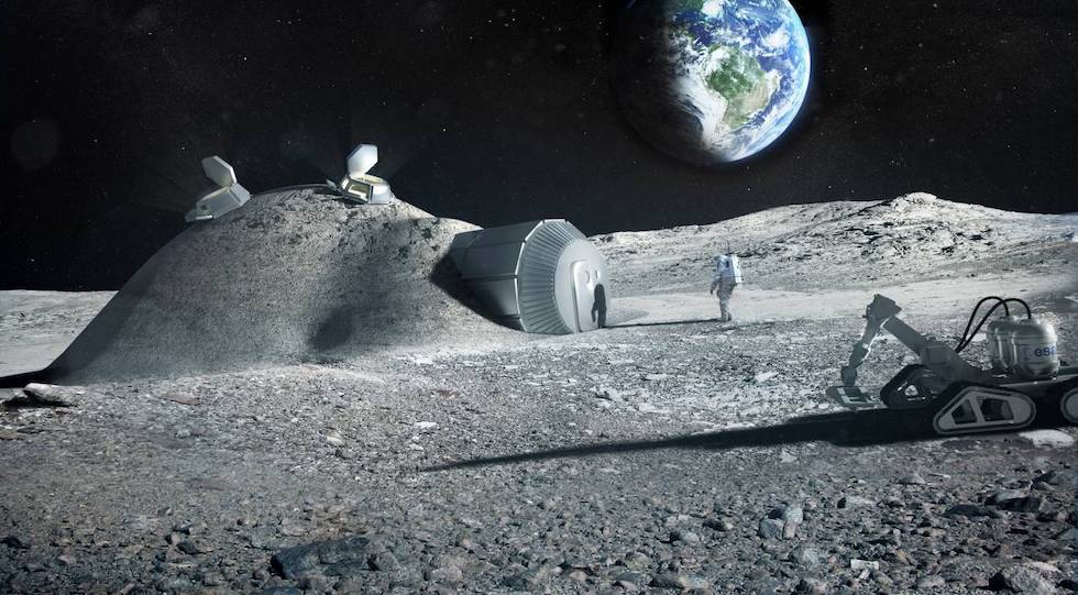 Las futuras bases lunares se podrían construir con impresoras 3D que mezclen materiales como el regolito lunar, el agua y la orina de los y las astronautas. / ESA, Foster and Partners